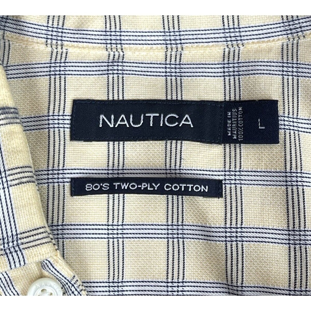 Nautica Button-Up Men L Yellow Check Long Sleeve 80's Two-Ply Cotton Shirt